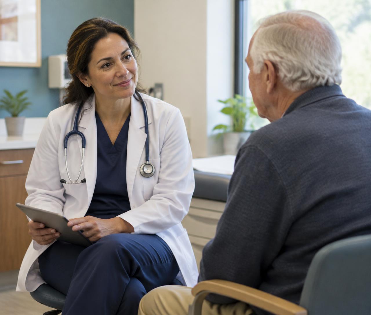 A physician listening attentively to an older adult patient during a clinic visit